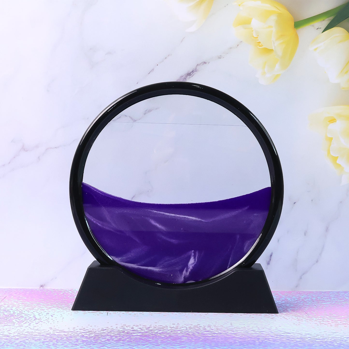 Wukusy 8781 moving sand art picture with deep sea sandscape in round glass frame, relaxing liquid motion desktop decor for home or office