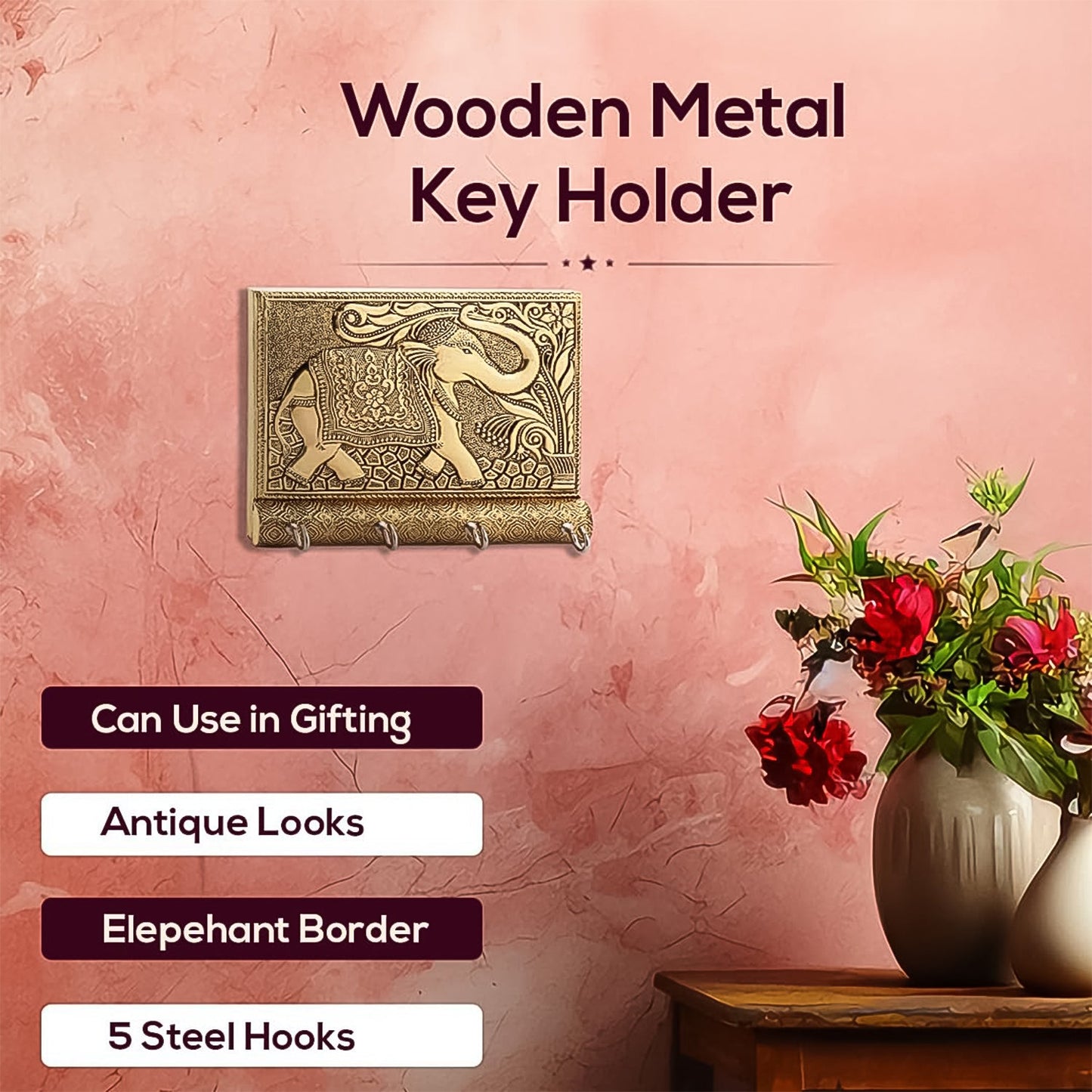 Stylish wooden key holder with antique gold metal elephant design, perfect for home decor by Wukusy.