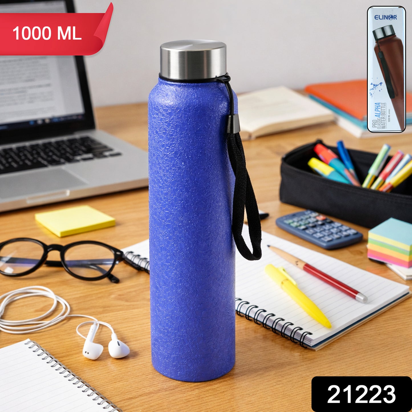 Blue stainless steel water bottle by Wukusy, 1000ml capacity, with a sleek, durable design for hydration on the go.