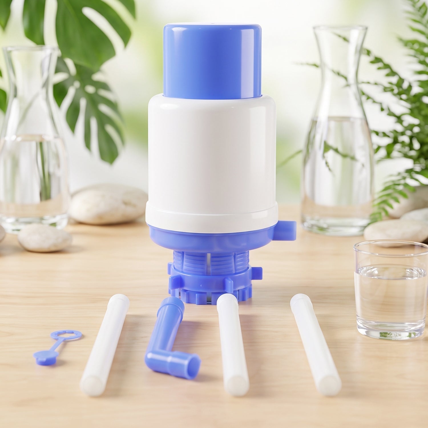 Wukusy manual hand pump dispenser for 20-liter water cans, showing the pump attached to a water container with a spout.