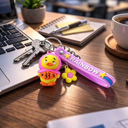 Cute rainbow strap cartoon duck keychain by Wukusy hanging from a keyring, featuring bright colors and playful design.