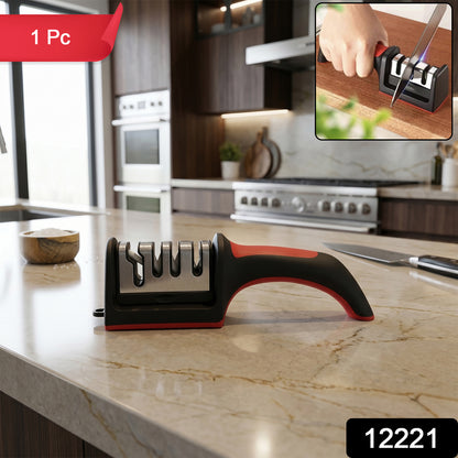 Wukusy 4-stage manual kitchen knife sharpener with non-slip base, shown on a countertop with sharp, well-maintained knives