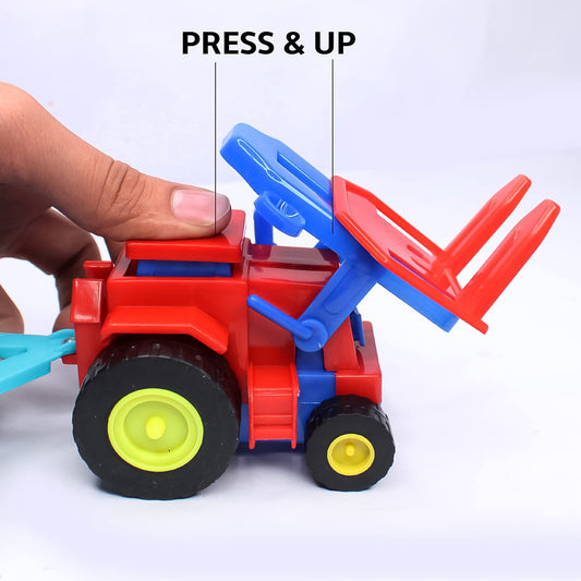 Wukusy plastic friction-powered toy tractor with bricks trolley, detailed green and yellow toy tractor for children.