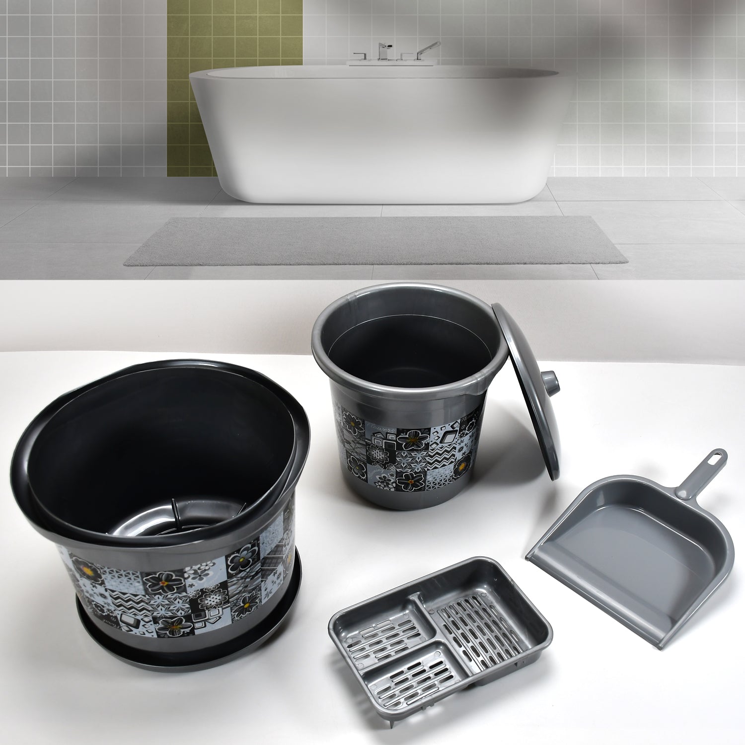 Wukusy 7-piece plastic bathroom set includes large tub, bucket, dustbin, mug, soap case, dustpan, and stool for home improvement.