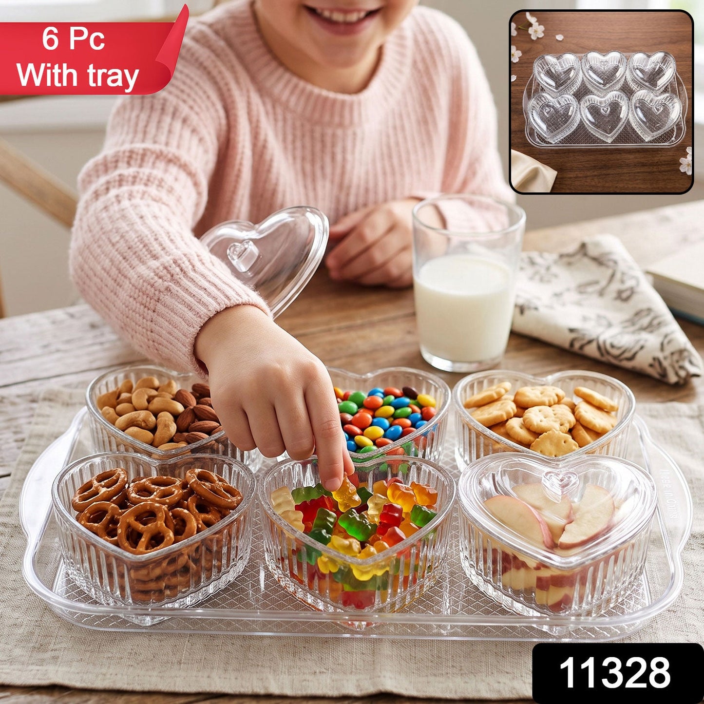 Six heart-shaped dessert bowls with clear lids and a tray from Wukusy, perfect for serving sweets and snacks.