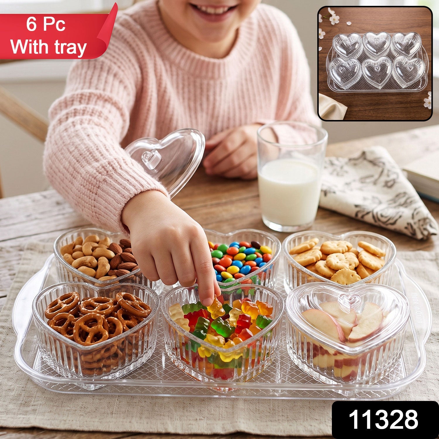 Six heart-shaped dessert bowls with clear lids and a tray from Wukusy, perfect for serving sweets and snacks.