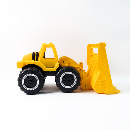 Wukusy Funwoods friction-powered front loader bulldozer toy for kids, with realistic design and bright yellow color.