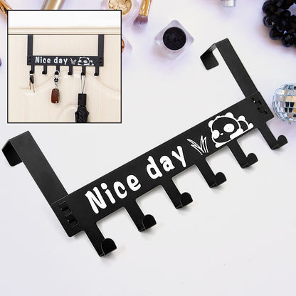 Heavy-duty Wukusy carbon steel cartoon door hook rack with six hooks for towels coats scarves and clothes, removable over door design.