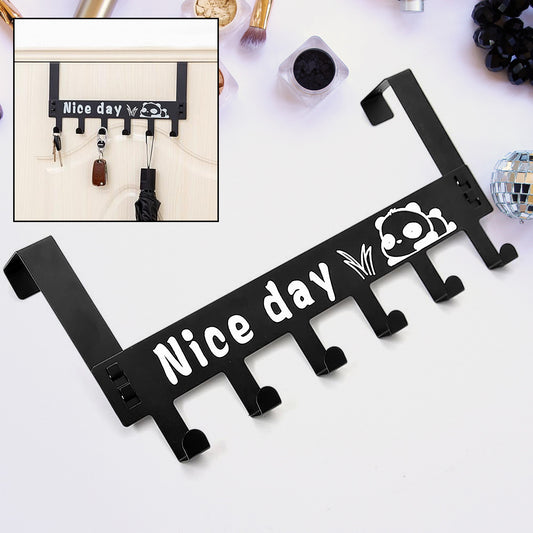 Heavy-duty Wukusy carbon steel cartoon door hook rack with six hooks for towels coats scarves and clothes, removable over door design.