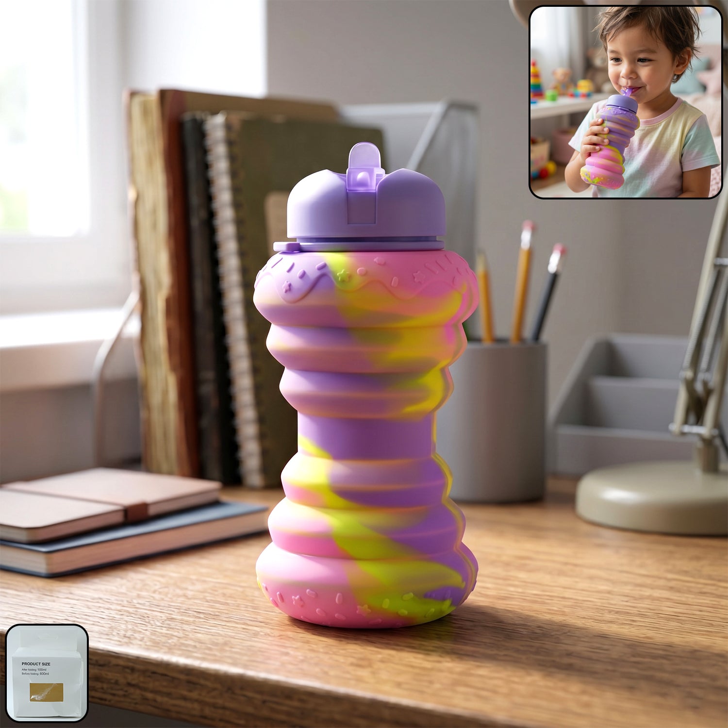 Wukusy silicone collapsible sports water bottle, 600ml capacity, foldable design with a secure lid for outdoor activities.