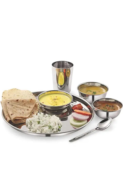 Ekom KIARAA stainless steel 24-piece dinner set for kitchen and dining, including plates, bowls, and utensils arranged on a table.