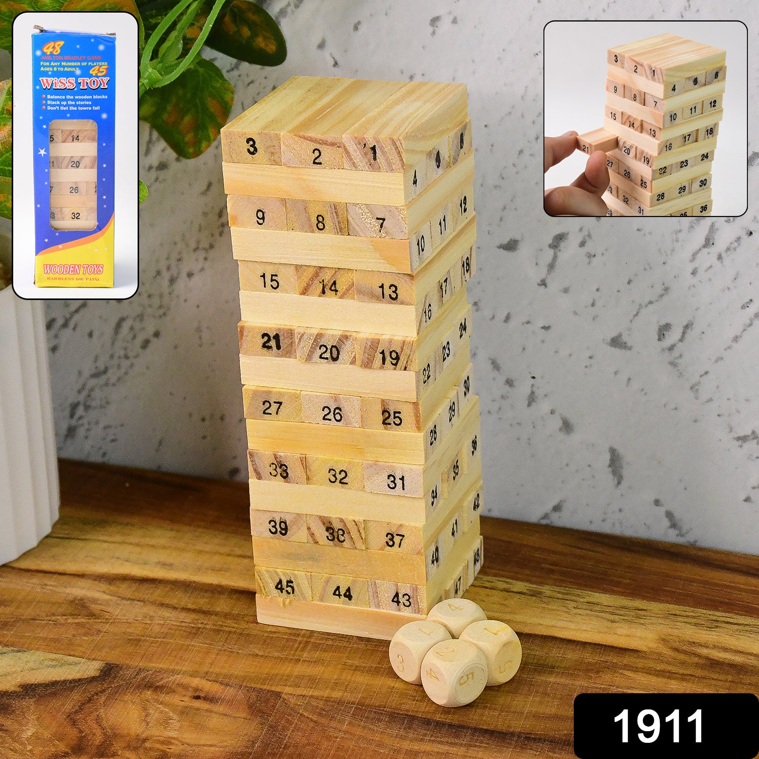Wukusy 1911 54-piece wooden tumbling stacking toy blocks with 4 dice for kids' building and imaginative play.