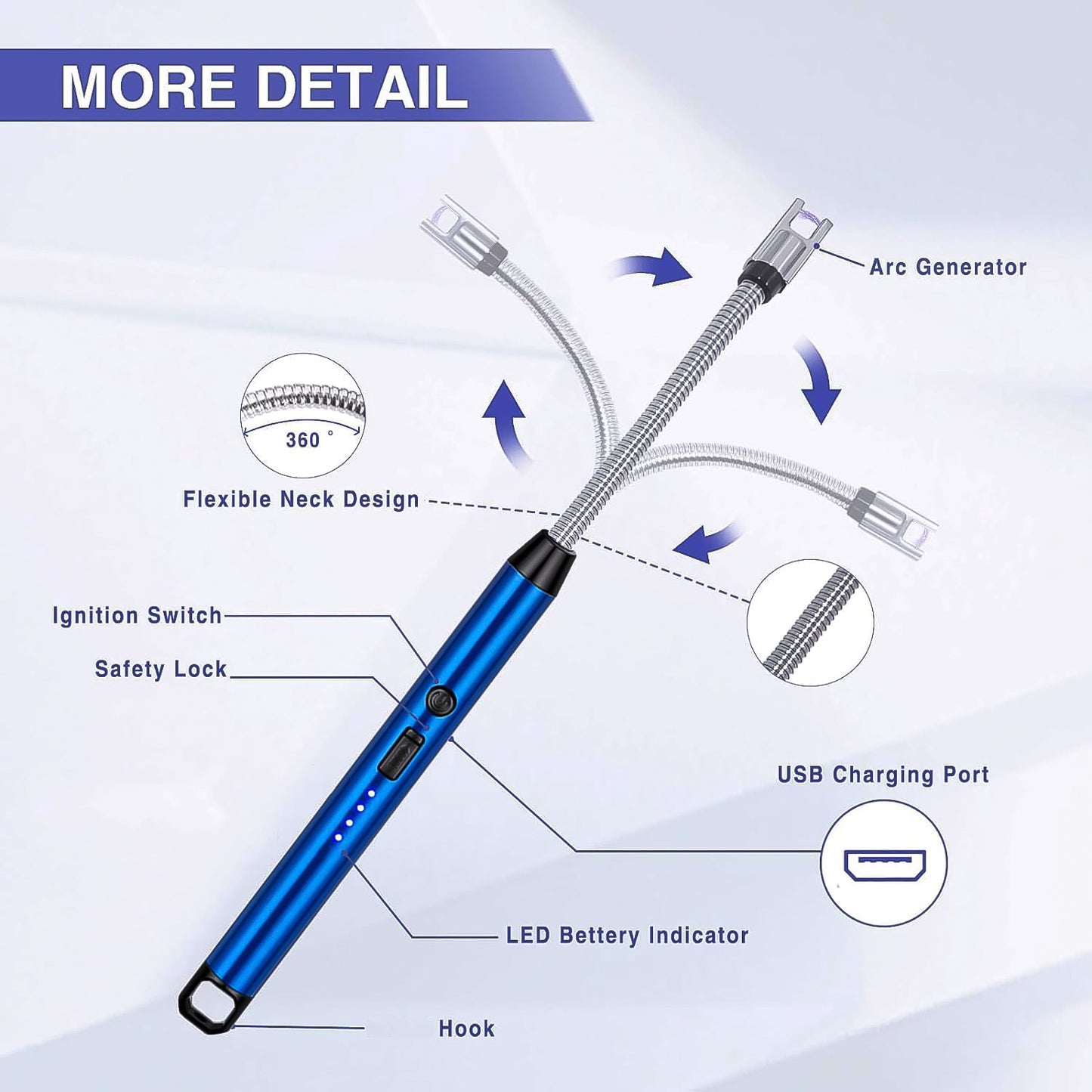 Wukusy rechargeable electric arc lighter with flexible neck, metal body, and safety switch for home and kitchen use.