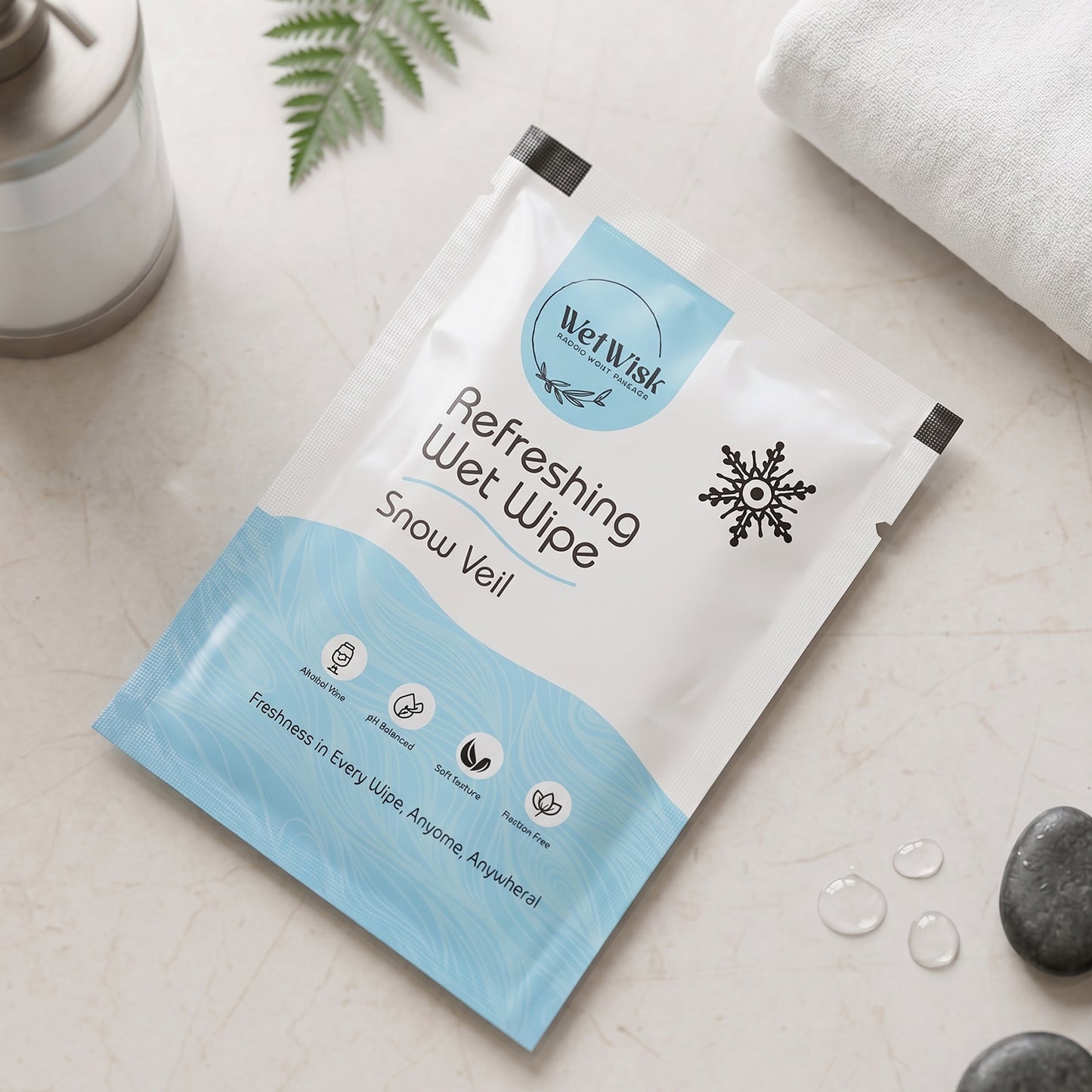 Wukusy Snow Veil refreshing wet wipes for face, body, and hands, showing a single pack of cleansing wipes with a blue and white design.