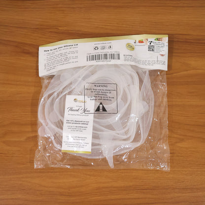 Six reusable stretchable food covers in various sizes by Wukusy, made of breathable, flexible material for covering bowls and dishes.