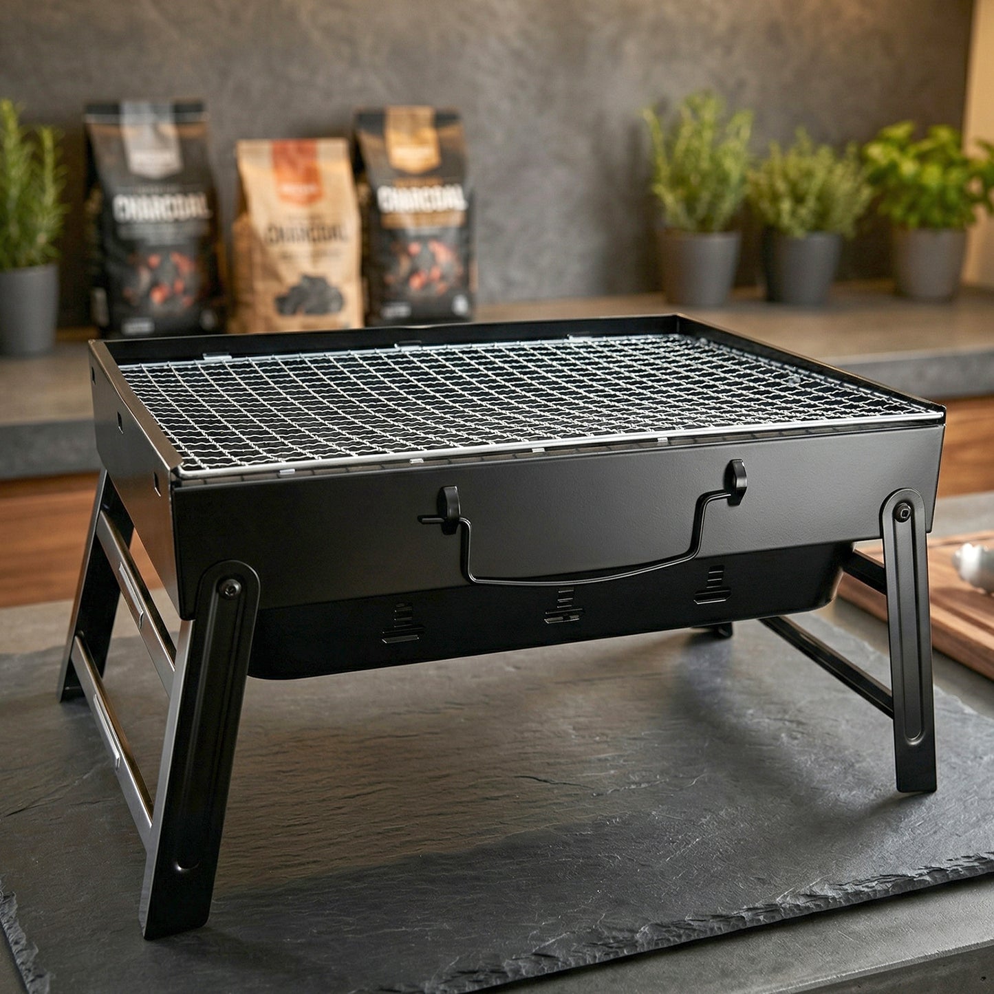 Wukusy portable foldable charcoal BBQ grill with grilling mesh, 36x27 cm compact outdoor cooking grill in black.