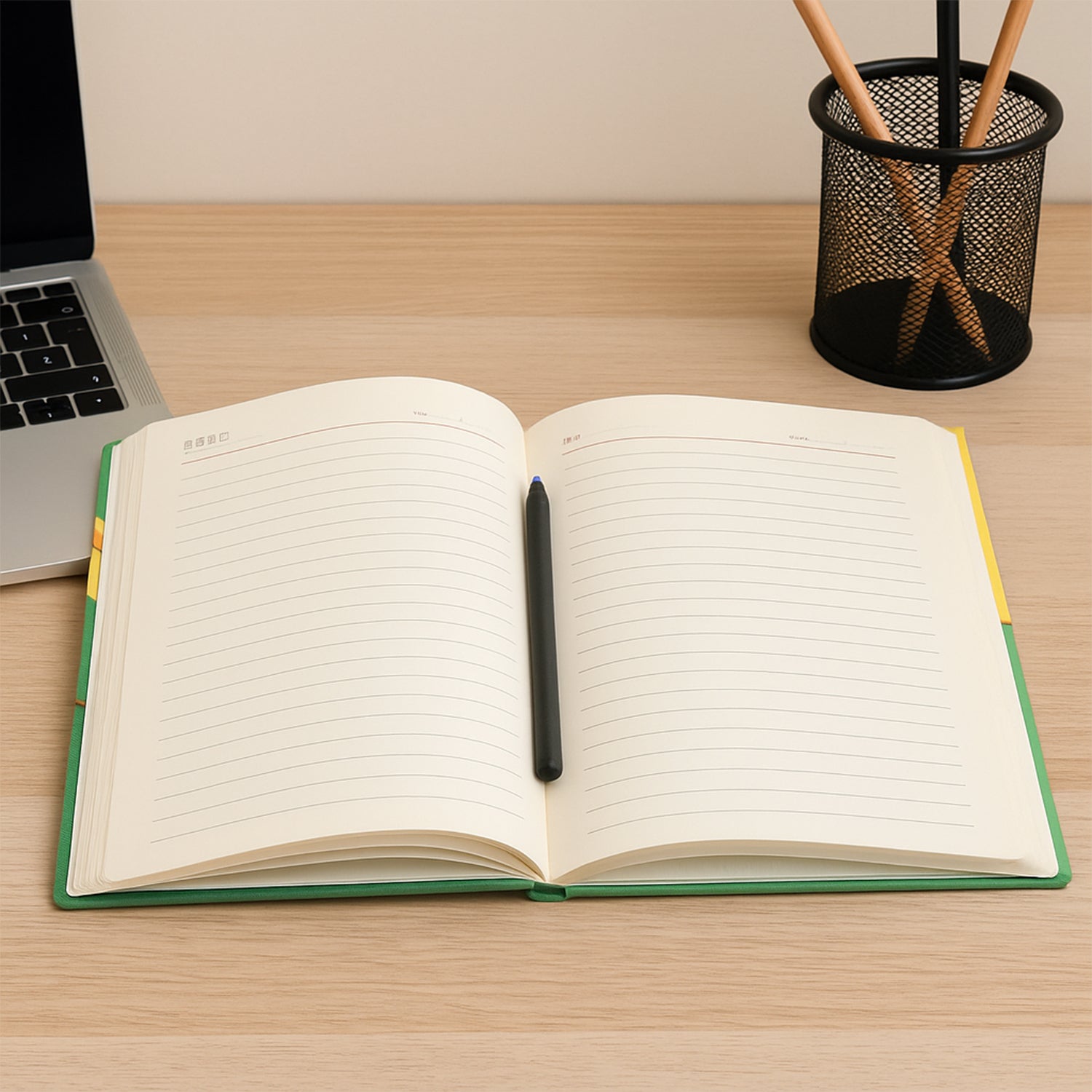 Wukusy hardcover ruled office notebook with 160 pages, calendar, measuring 22x16 cm, open to show lined pages and calendar layout.