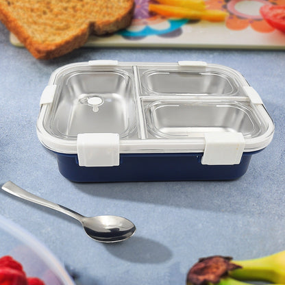 Wukusy 5500 stainless steel 3-compartment transparent lunch box for kids and adults, ideal for school, office, and home use.