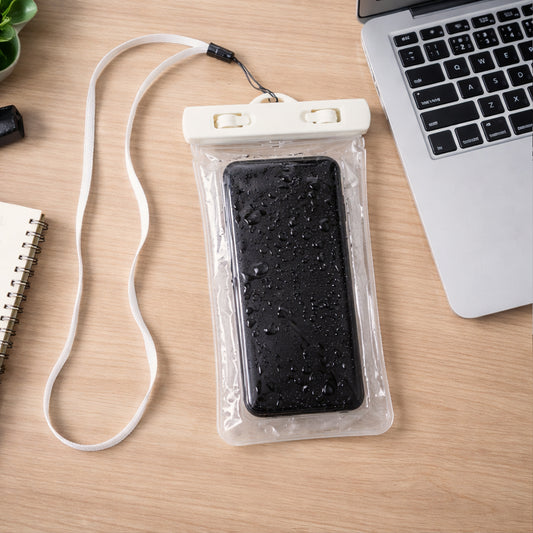 White waterproof phone pouch bag by Wukusy, transparent mobile cover for waterproof protection, shown with a phone inside.