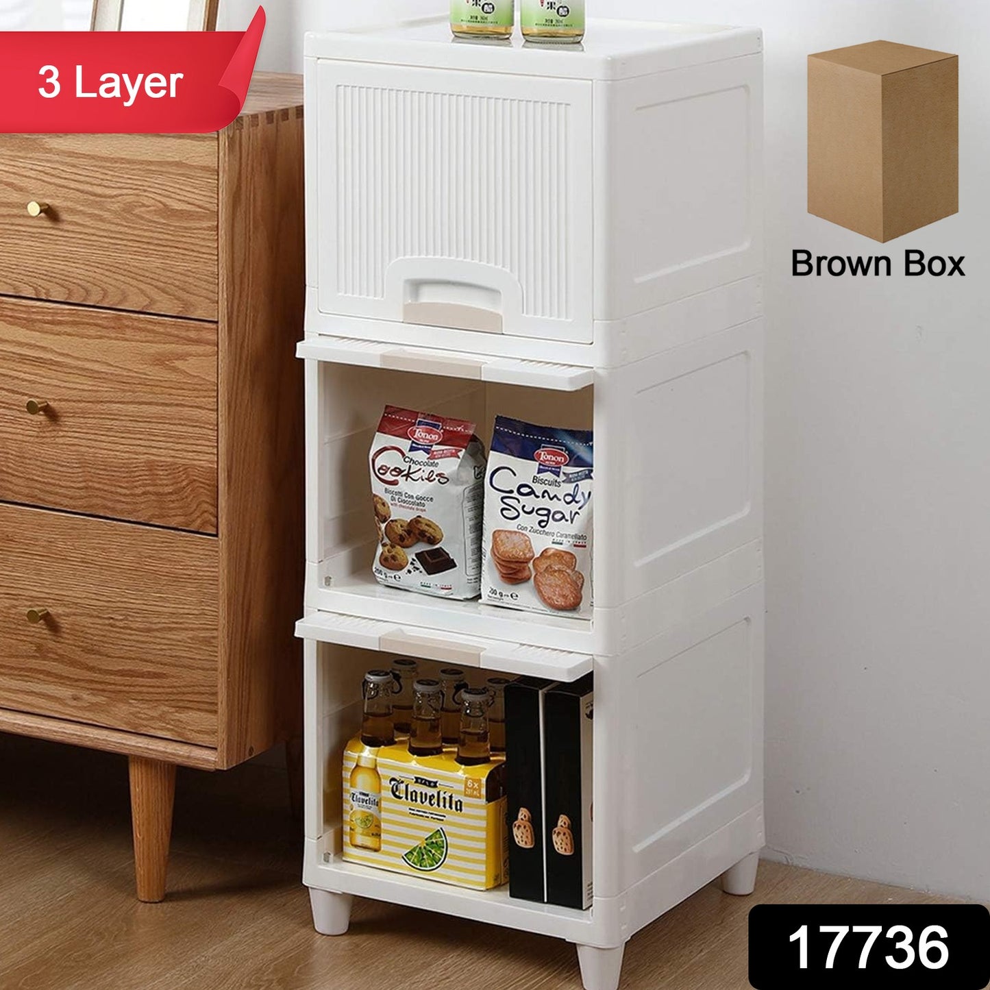Wukusy 3-layer plastic storage cabinet with foldable drawers, ideal for kitchen, bathroom, or bedroom organization.