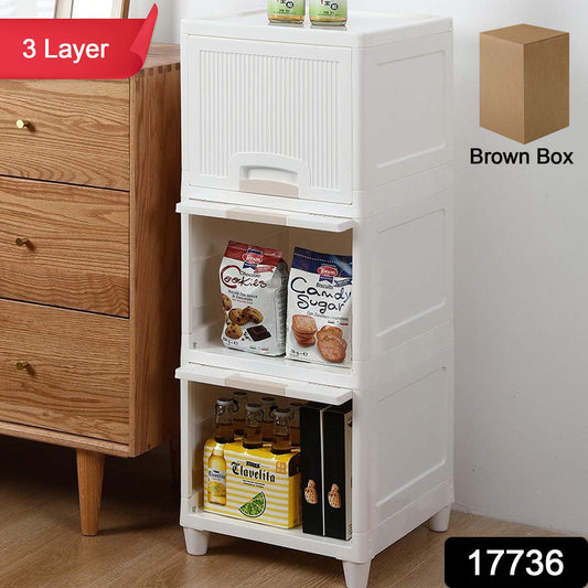 Wukusy 3-layer plastic storage cabinet with foldable drawers, ideal for kitchen, bathroom, or bedroom organization.