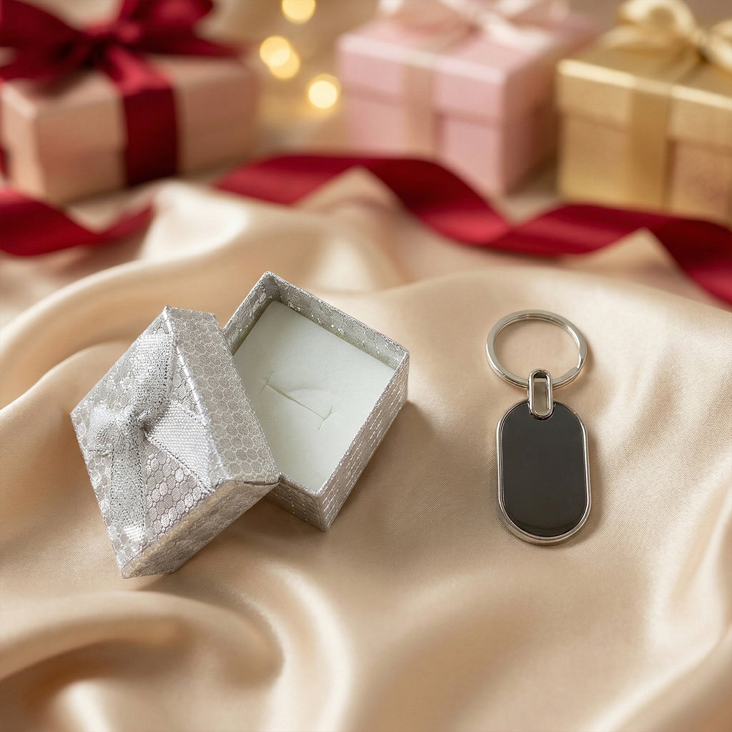 Wukusy premium metal keychain with a sleek design, displayed in an elegant gift box on a neutral background.