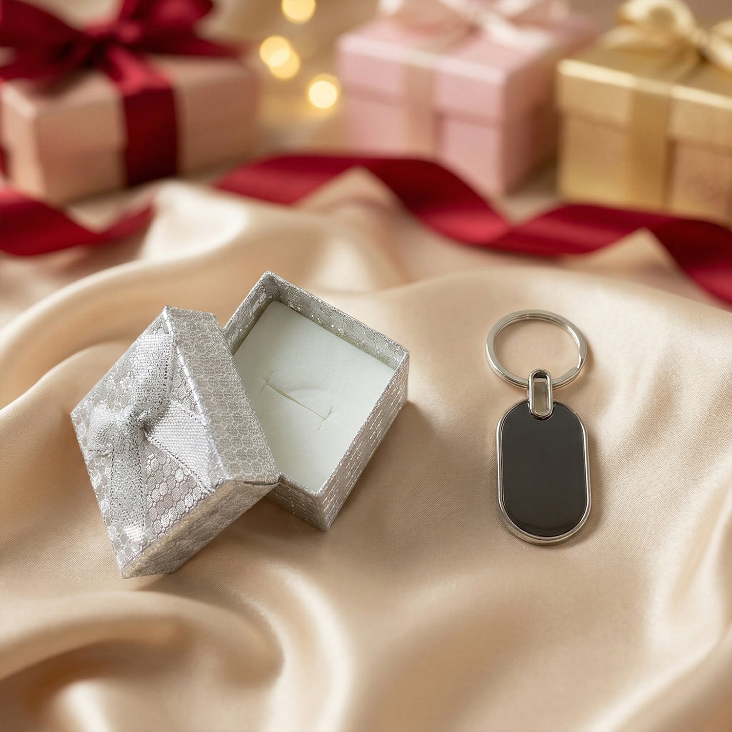 Wukusy premium metal keychain with a sleek design, displayed in an elegant gift box on a neutral background.
