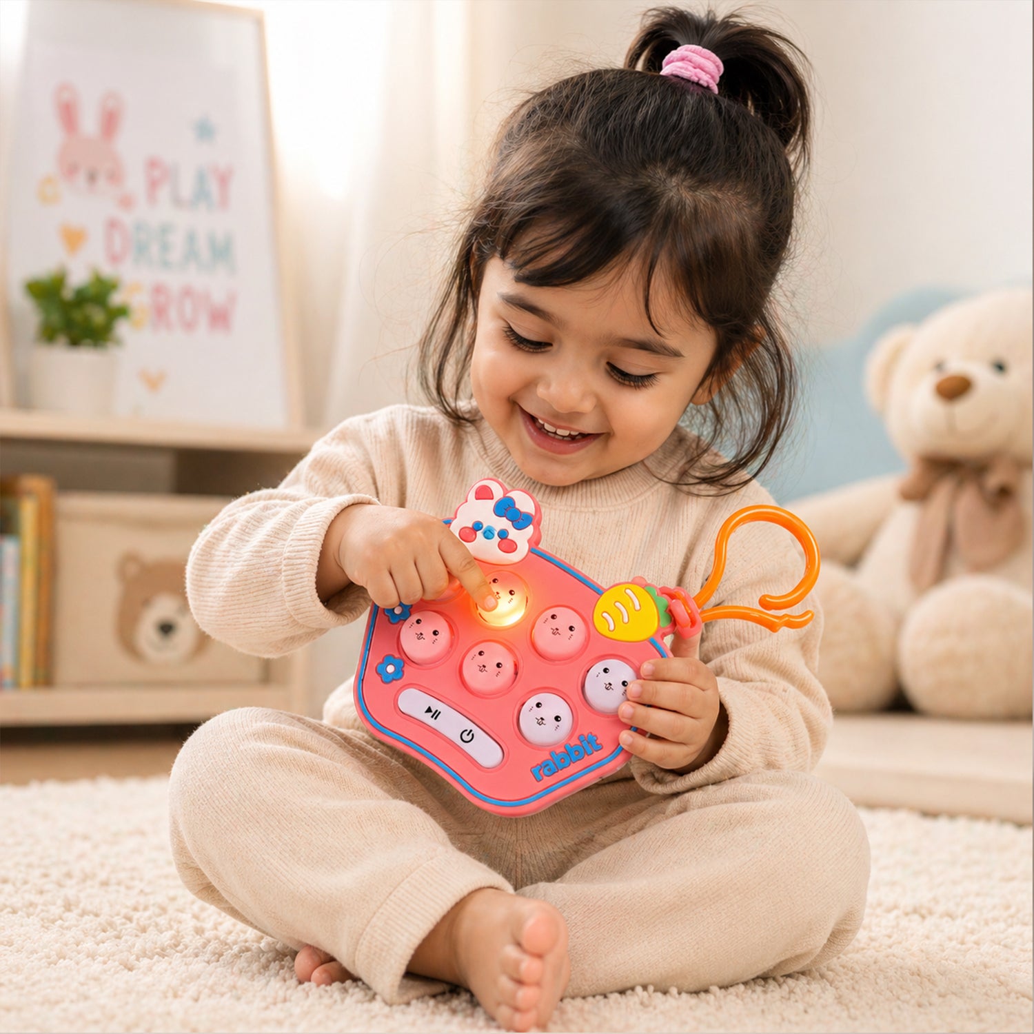 Wukusy cute cartoon music push button toy keychain with sound, featuring colorful mixed designs and playful character details.