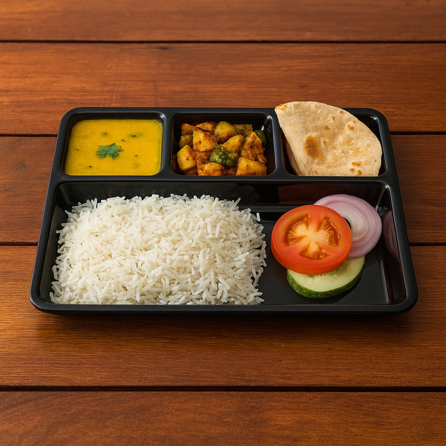 Wukusy plastic 4-compartment rectangular meal serving tray with sections for organized dining, shown on a clean surface.