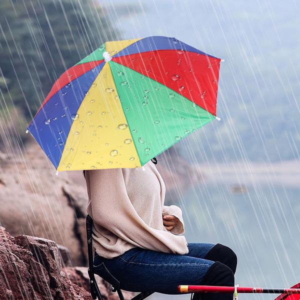 Wukusy hands-free umbrella hat protecting from sun and rain with wide brim, lightweight and adjustable for outdoor use.
