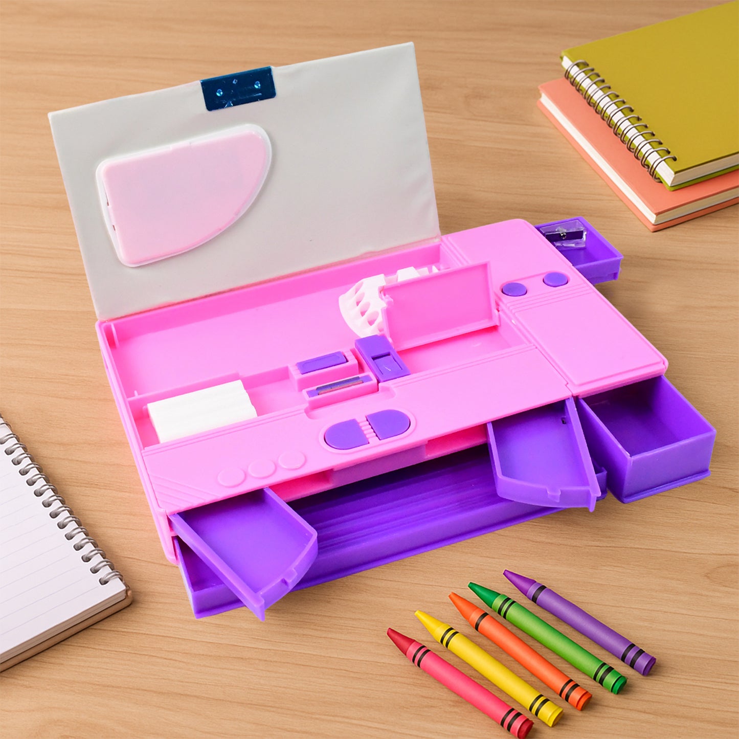 Wukusy space-themed multi-functional pencil box with built-in calculator, featuring colorful space designs and compartments for stationery.