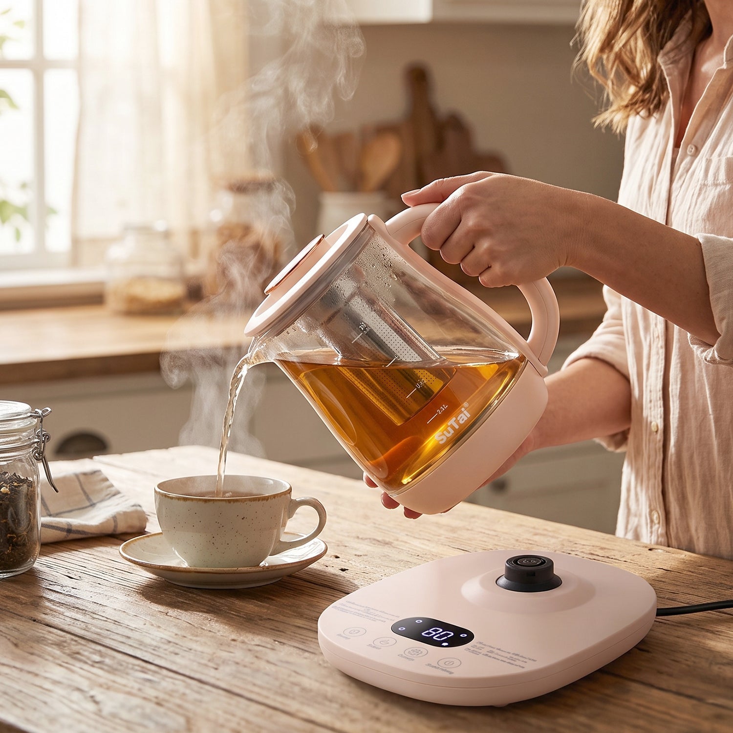 Wukusy Suta electric glass kettle with 2.3L capacity, infuser, and temperature control for tea brewing.