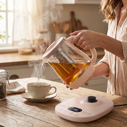Wukusy Suta electric glass kettle with 2.3L capacity, infuser, and temperature control for tea brewing.