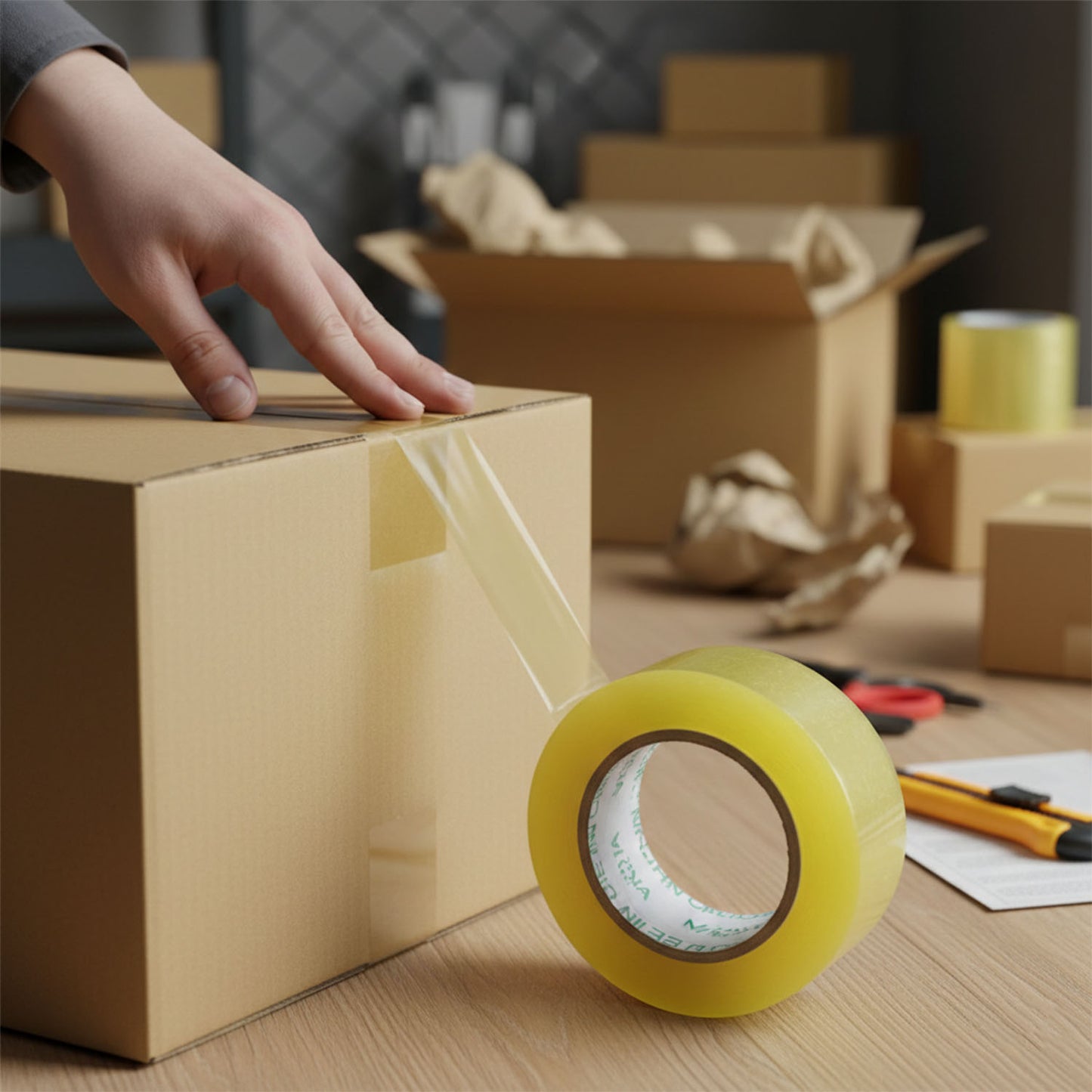 Wukusy transparent packaging adhesive tape roll, 125x45mm, showing clear tape wound around a cardboard core on a white background