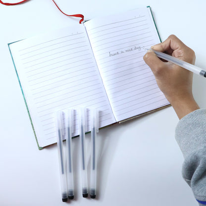 Set of six transparent black gel pens by Wukusy, featuring smooth writing ink and clear barrels for easy ink level monitoring.
