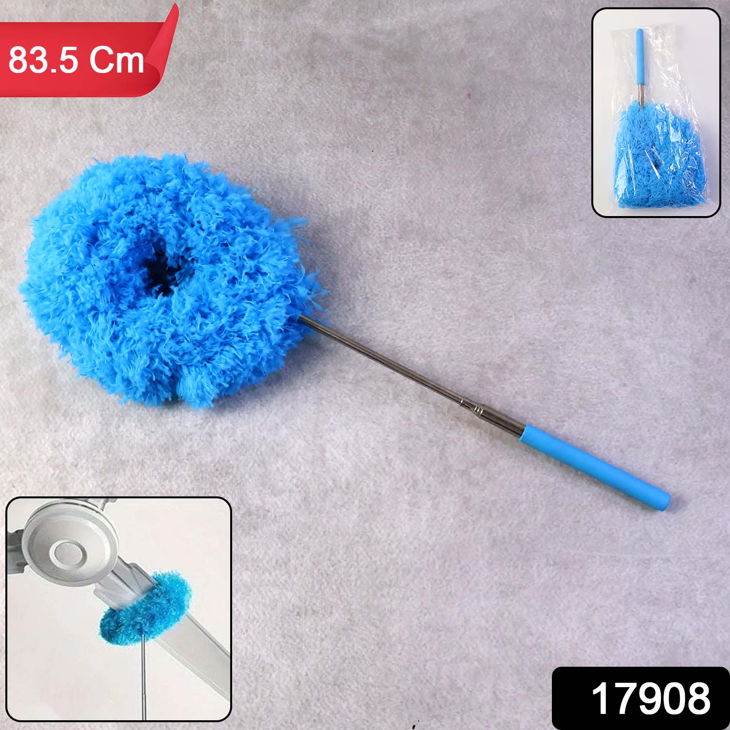 Wukusy premium extendable round cleaning duster, 83.5 cm, for home improvement, showing soft microfiber head and adjustable handle.