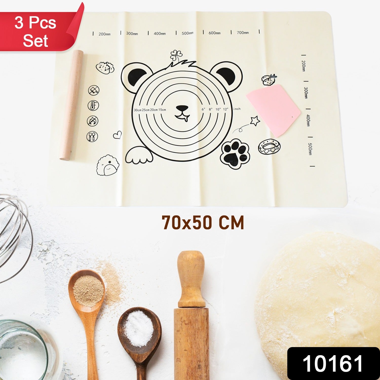 Wukusy 3-in-1 low silicone baking mat with wooden belan and cake scraper set, ideal for baking and dough rolling in the kitchen.