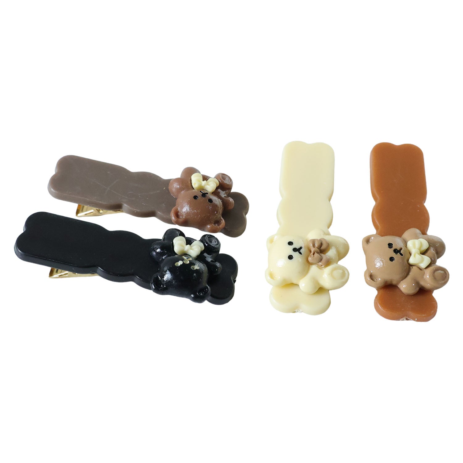 Set of four Wukusy teddy bear decorative snap hair clips featuring cute bear designs for kids' hair accessories.