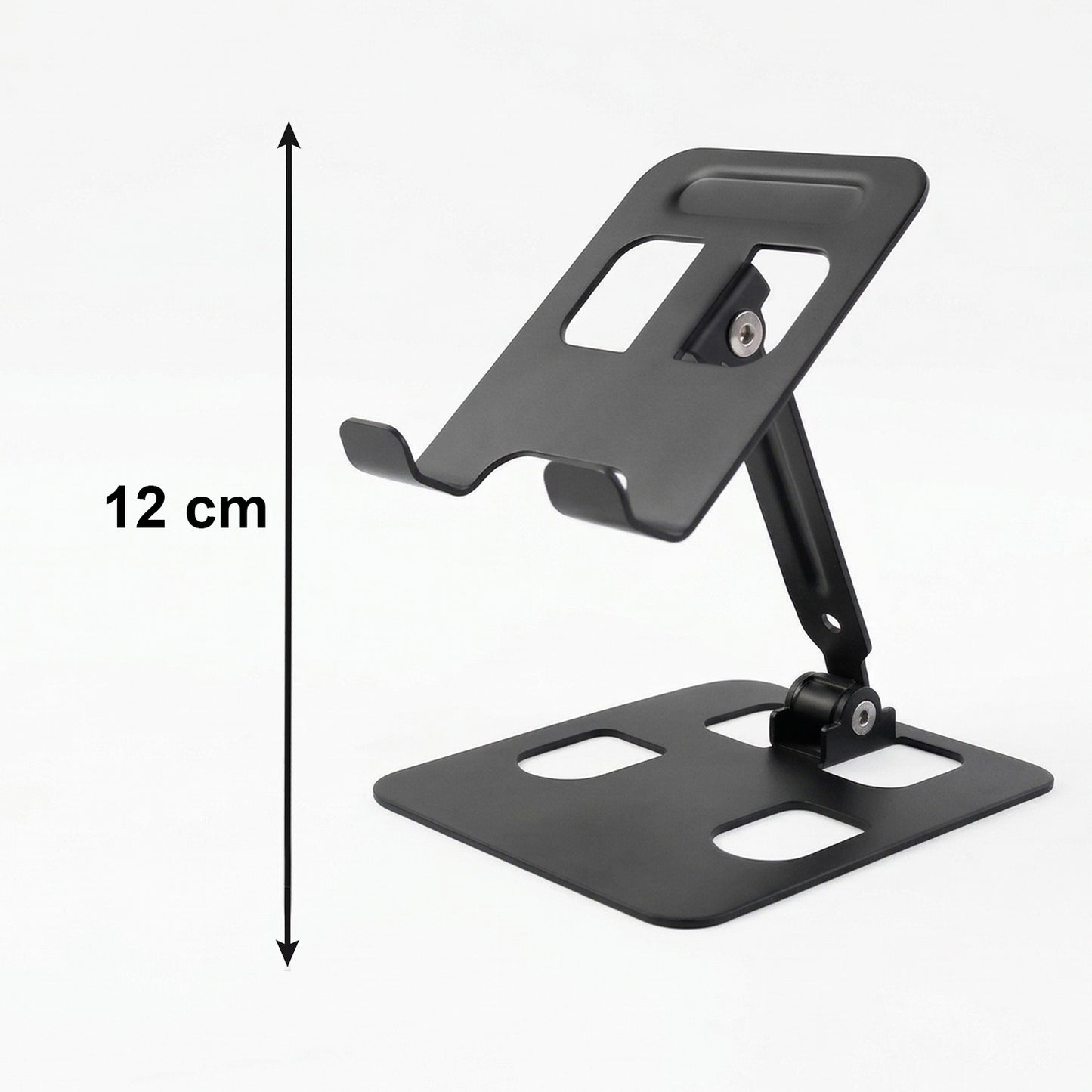 Wukusy adjustable metal table top mobile stand with a sleek black finish, designed for holding tablets or smartphones securely.