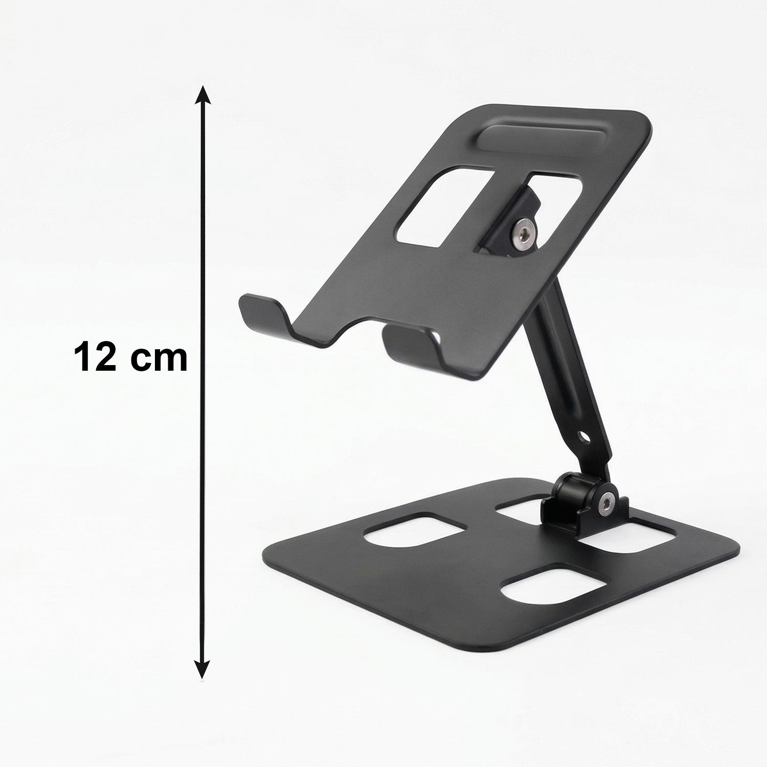 Wukusy adjustable metal table top mobile stand with a sleek black finish, designed for holding tablets or smartphones securely.