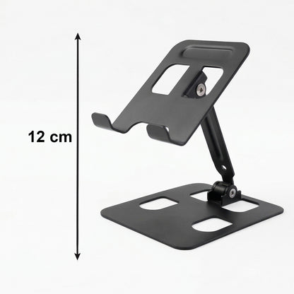 Wukusy adjustable metal table top mobile stand with a sleek black finish, designed for holding tablets or smartphones securely.