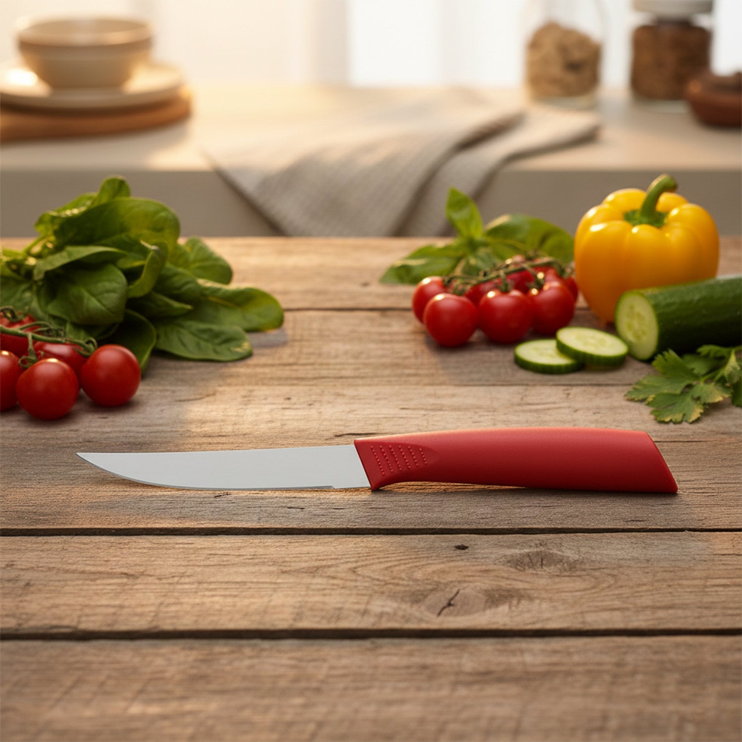 Set of three Wukusy stainless steel fruit knives with ergonomic handles, ideal for slicing and preparing various fruits.