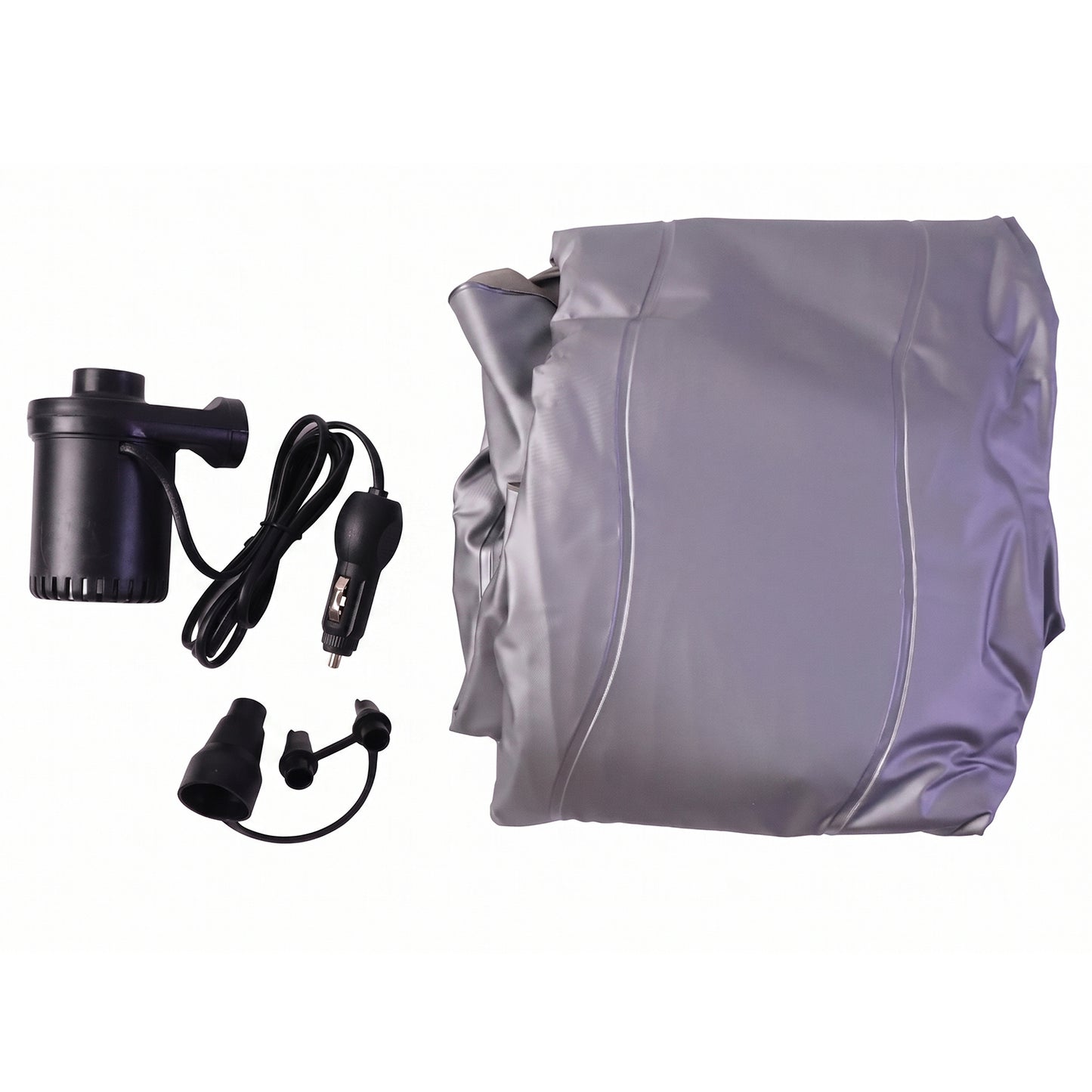 Grey portable Wukusy car air mattress bed set with pump and pillows, fully inflated and ready for use inside a vehicle.