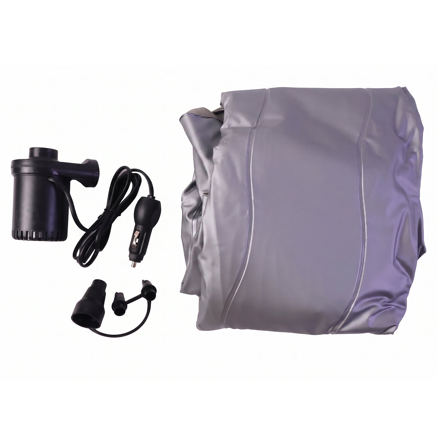 Grey portable Wukusy car air mattress bed set with pump and pillows, fully inflated and ready for use inside a vehicle.