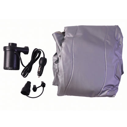 Grey portable Wukusy car air mattress bed set with pump and pillows, fully inflated and ready for use inside a vehicle.
