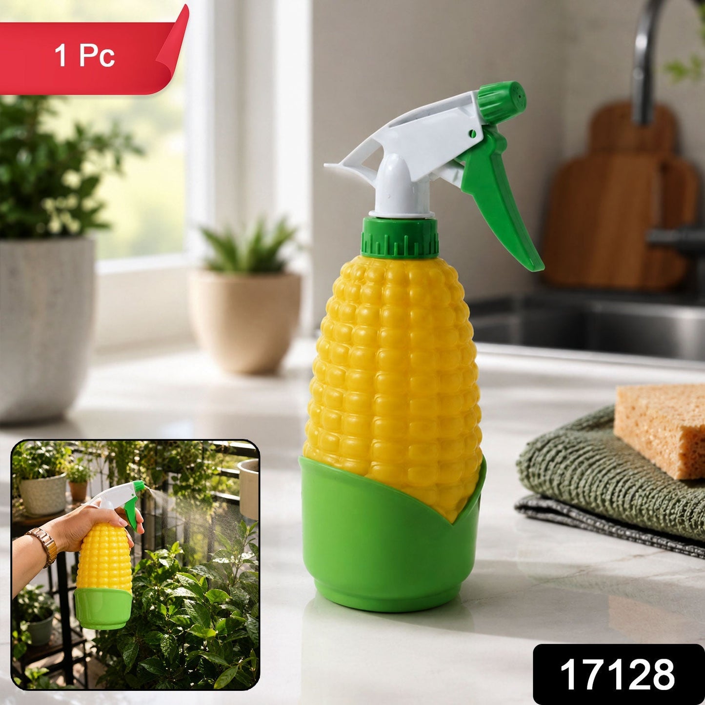 Wukusy corn-shaped trigger spray bottle for watering plants and cleaning, with a green plastic body and spray nozzle.