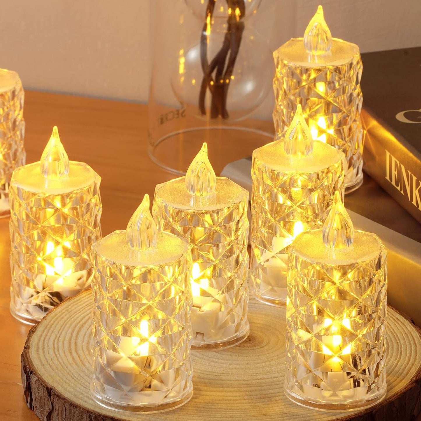 Set of five Wukusy LED crystal effect flameless candle lights with glowing, realistic flame design for cozy ambiance.