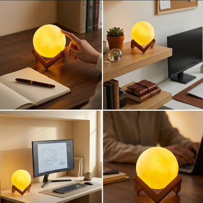 Wukusy LED ball night lamp with wooden stand, spherical light resting on a natural wood base, ideal for cozy bedroom decor.