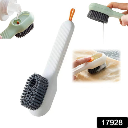 Wukusy multifunctional scrubbing brush with liquid soap dispenser, shoe and cloth cleaning brush with handle for home cleaning tasks.