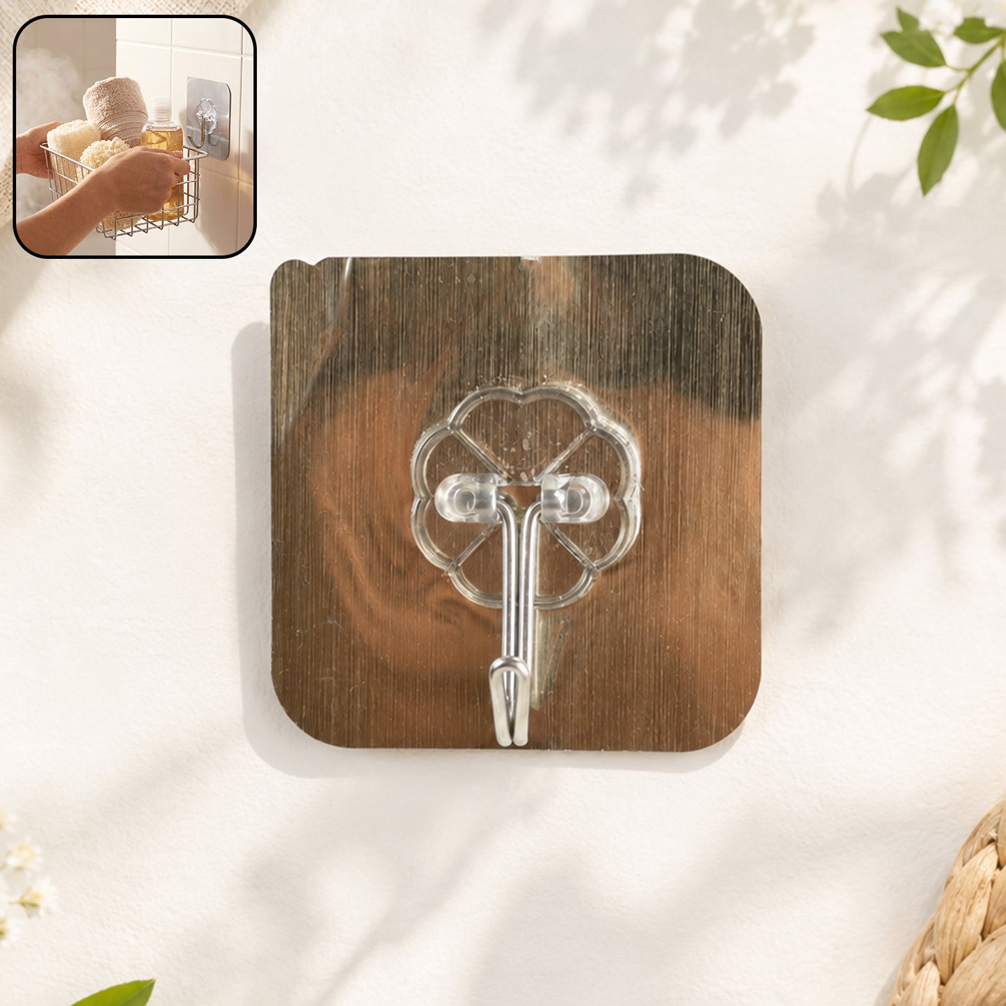 Self-adhesive plastic wall hook for bathroom by Wukusy, shown attached to a tiled wall, ideal for hanging towels and accessories.